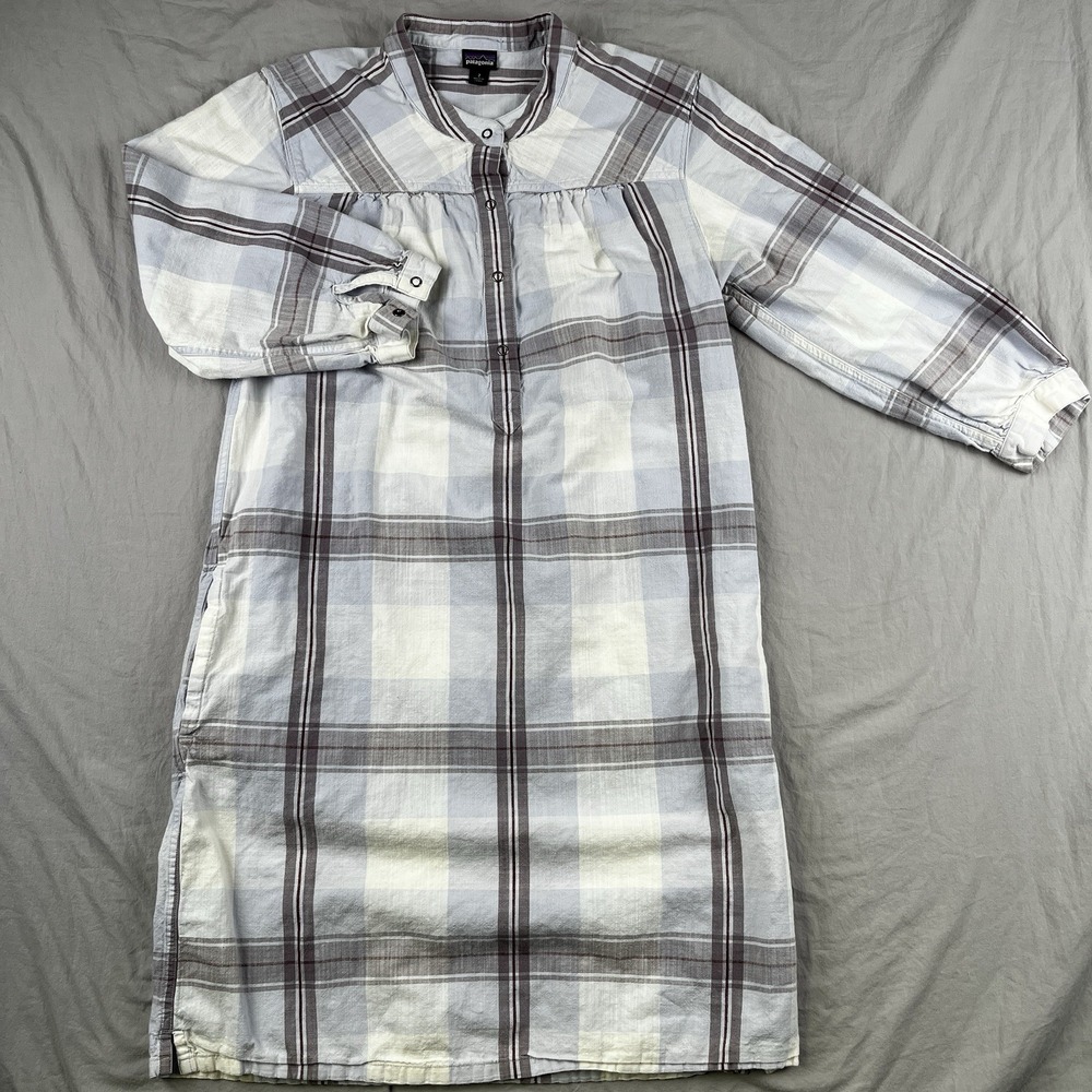 PATAGONIA Settlers Dress Womens 2 Plaid Henley‎ Placket Snap Mandarin Collar VTG